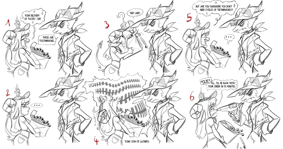 LadyMathou's tweet image. A year ago, I had doodled this drawing to make my colleagues at HelluvaBoss smile by introducing them to my delivery impsona, but just seeing it again continues to make me laugh. xD So I'm sharing it with you all!
#HelluvaBoss #impsona #striker