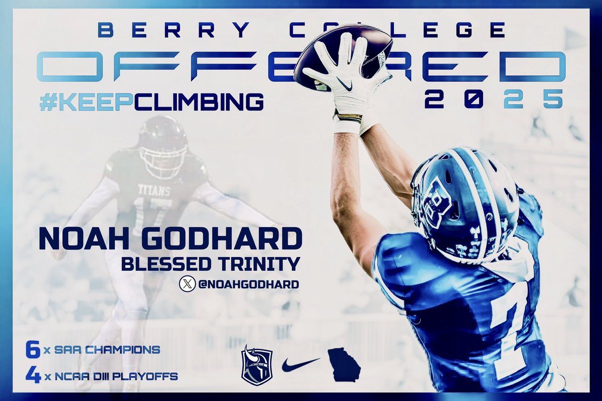 Noah Godhard (@noahgodhard) on Twitter photo Blessed to have received an offer from Berry College! Thank you <a href="/coachargote53/">Bryant Argote Jr</a> <a href="/BCCoachK/">Tony Kunczewski</a> for the opportunity.
<a href="/hoseacoach/">will</a>
<a href="/CoachEdDudley63/">Ed Dudley</a>
<a href="/BTProspects/">Blessed Trinity Football Prospects</a>
<a href="/RecruitGeorgia/">Recruit Georgia</a>
<a href="/NEGARecruits/">Northeast Georgia Recruits</a>
<a href="/BuckFitz/">NPA/SUPERMAX 100</a>
<a href="/Chris_Sailer/">Chris Sailer Kicking</a>
<a href="/KohlsHighlights/">Kicking, Punting, Long Snapping Highlights</a> Blessed to have received an offer from Berry College! Thank you <a href="/coachargote53/">Bryant Argote Jr</a> <a href="/BCCoachK/">Tony Kunczewski</a> for the opportunity.
<a href="/hoseacoach/">will</a>
<a href="/CoachEdDudley63/">Ed Dudley</a>
<a href="/BTProspects/">Blessed Trinity Football Prospects</a>
<a href="/RecruitGeorgia/">Recruit Georgia</a>
<a href="/NEGARecruits/">Northeast Georgia Recruits</a>
<a href="/BuckFitz/">NPA/SUPERMAX 100</a>
<a href="/Chris_Sailer/">Chris Sailer Kicking</a>
<a href="/KohlsHighlights/">Kicking, Punting, Long Snapping Highlights</a>