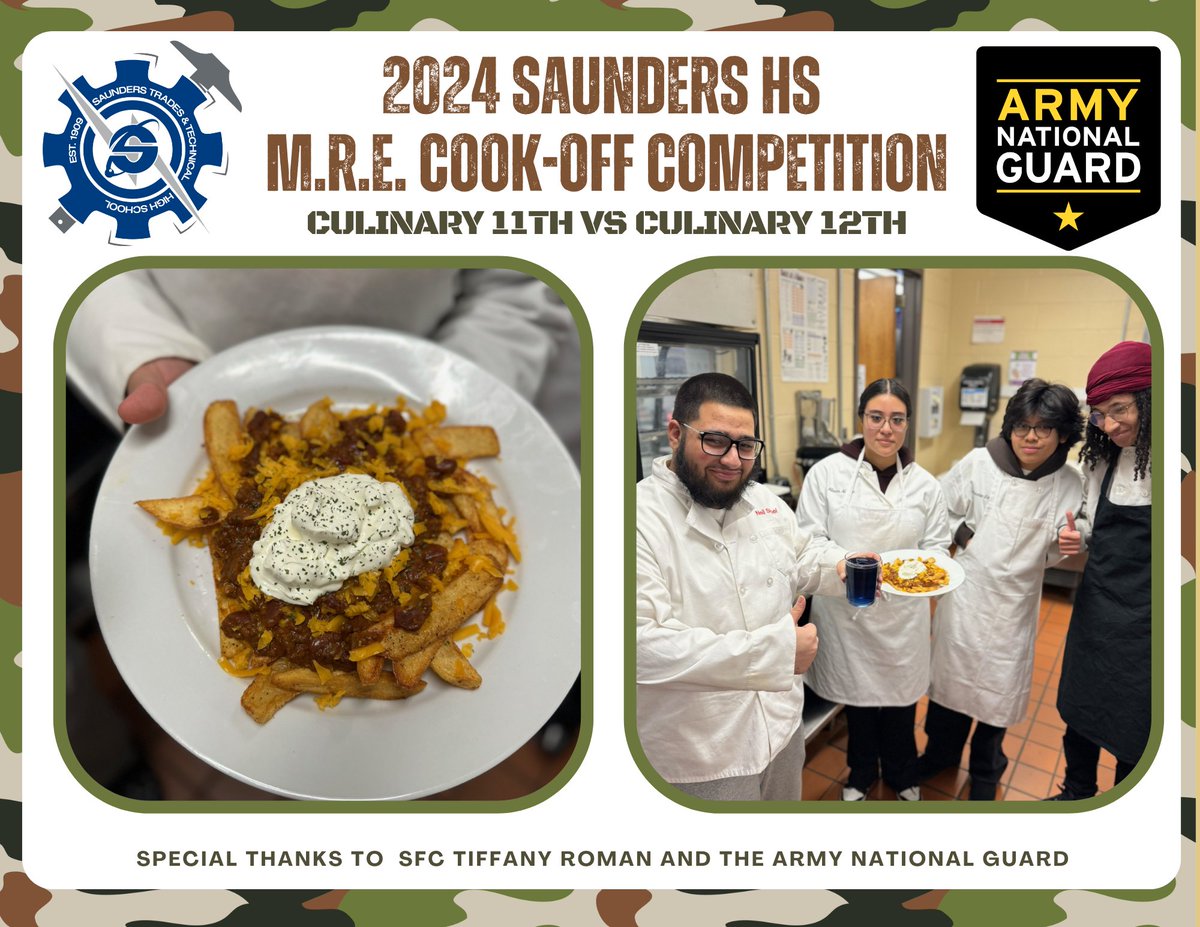 Saunders_HS's tweet photo. 🔥 The battle of the chefs is ON! The 11th and 12th grades were cooking up a storm at the Saunders HS MRE Culinary Cookoff Competition!
A huge THANK YOU to SFC Tiffany Roman and the Army National Guard for supporting this incredible event! 💪🇺🇸

#MRECookoff https://t.co/Z0bliKRyEJ