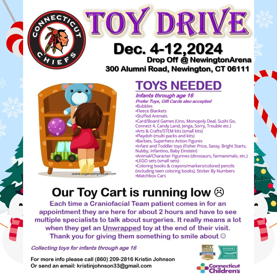 CTChiefsHockey's tweet photo. Help us spread some holiday cheer! 🎄🎁

Drop off your unwrapped toy donations at Newington Arena (300 Alumni Road, Newington, CT 06111) from Dec. 4-12. Let's bring smiles to the faces of our young patients!

#ToyDrive #HolidayCheer #GiveBack https://t.co/r4fzsRIlI7