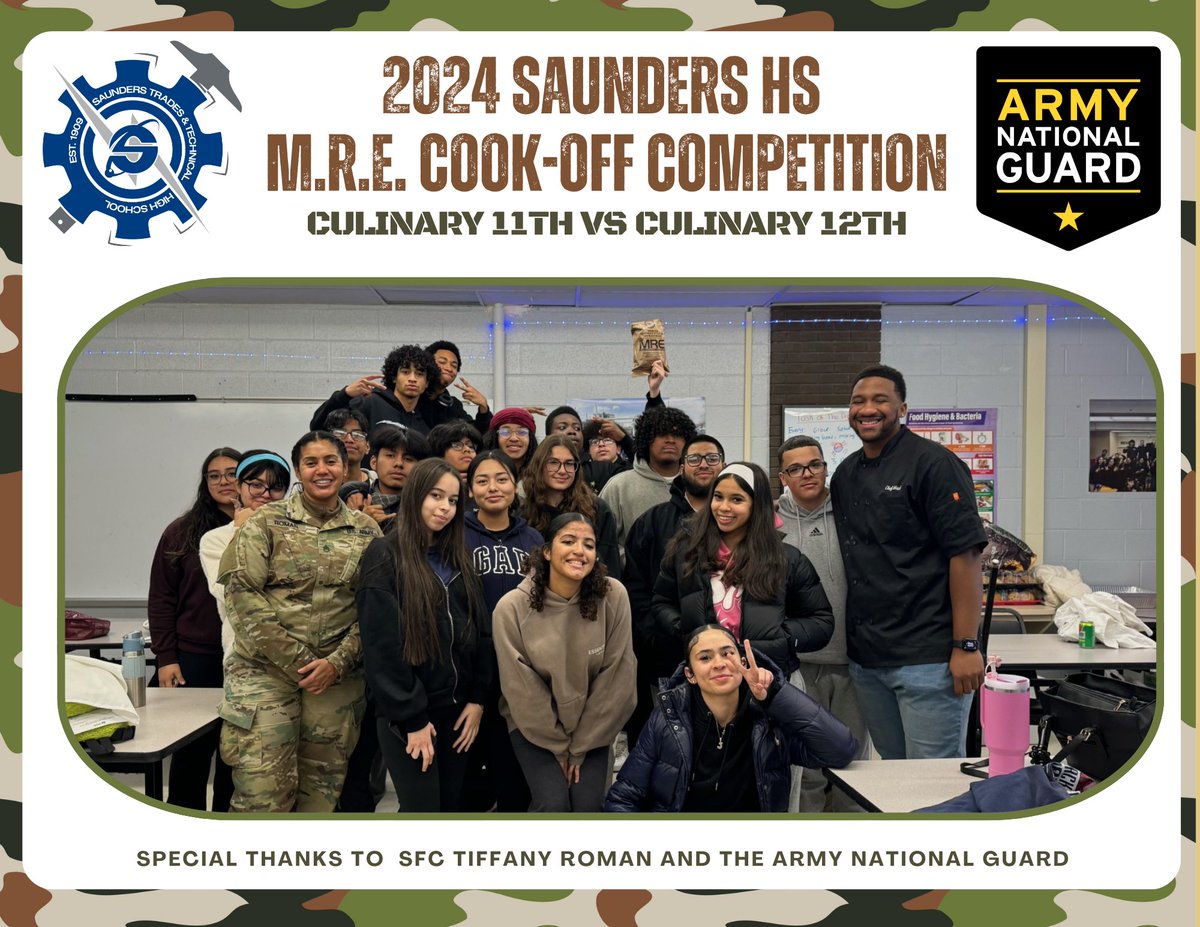 Saunders_HS's tweet photo. 🔥 The battle of the chefs is ON! The 11th and 12th grades were cooking up a storm at the Saunders HS MRE Culinary Cookoff Competition!
A huge THANK YOU to SFC Tiffany Roman and the Army National Guard for supporting this incredible event! 💪🇺🇸

#MRECookoff https://t.co/flErMHqoJ8