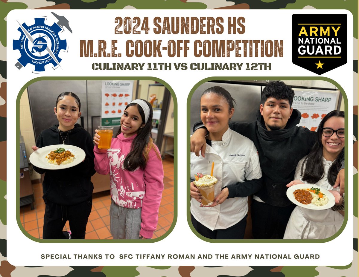Saunders_HS's tweet photo. 🔥 The battle of the chefs is ON! The 11th and 12th grades were cooking up a storm at the Saunders HS MRE Culinary Cookoff Competition!
A huge THANK YOU to SFC Tiffany Roman and the Army National Guard for supporting this incredible event! 💪🇺🇸

#MRECookoff https://t.co/flErMHqoJ8