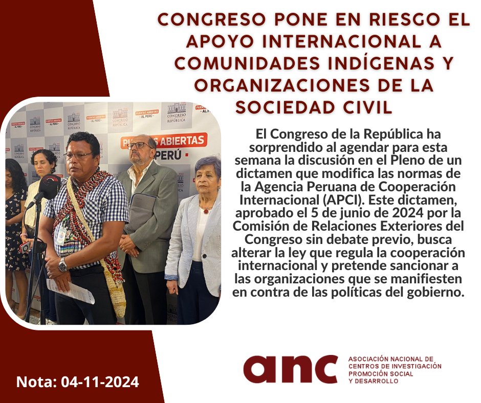 📷 #ALERTA: Congreso pone en riesgo el apoyo internacional a comunidades indígenas y organizaciones de la sociedad civil, al pretender aprobar un dictamen que modifica la ley Agencia Peruana de Cooperación Internacional - APCI. Lea nota aquí: goo.su/4zJERX4