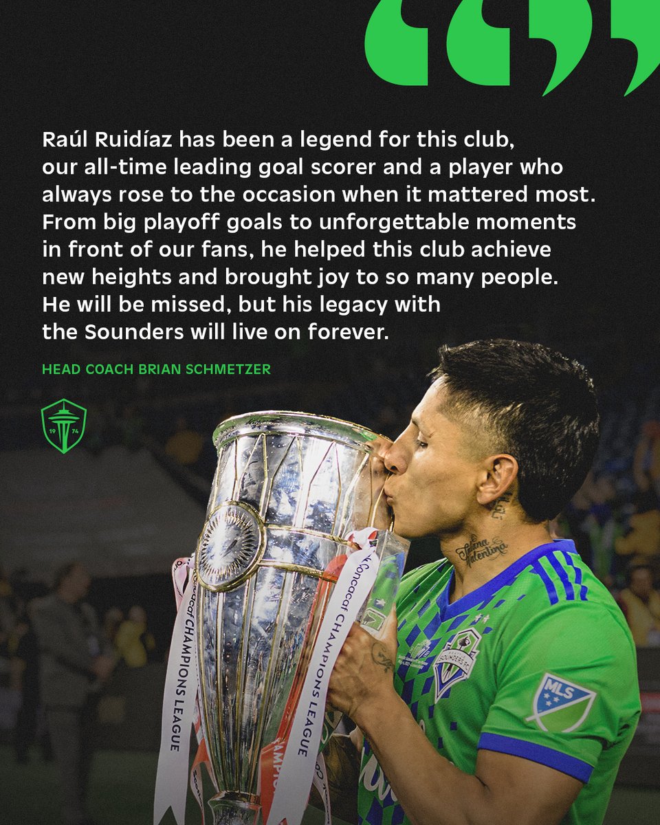 SoundersFC's tweet photo. Raúl Ruidíaz is out of contract and will depart the club as our all-time leading goal scorer.

We are tremendously grateful for Raúl’s time as a Sounder. Thank you to a club legend. 🏆💙

MORE ➡️ https://t.co/CGWw1qbGQR https://t.co/PxNuKauZsE
