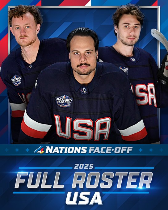 Top: Photos of Jack Eichel, Auston Matthews, and Quinn Hughes in USA's team uniform.

Below reads, “4 Nations Face-Off 2025 full roster - USA”. 