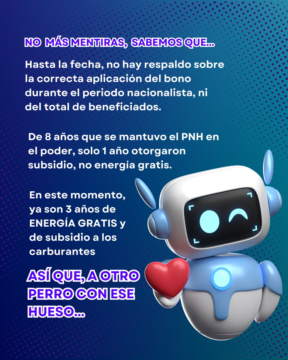 #Factchecking ❌ En ningún momento, el PNH 🇸🇴 otorgó energía gratis a “millones de familias”, tampoco brindó subsidio a los carburantes y mucho menos se preocupó por recuperar la ENEE. En la actualidad, más de 900 mil familias no pagan luz. 💡

#Honduras #Energía #Fact