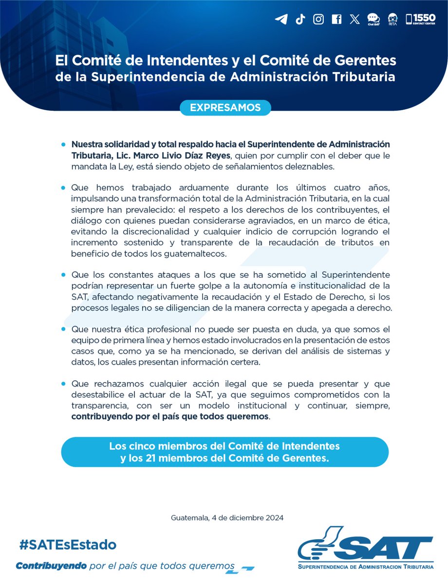SATGT's tweet photo. 🇬🇹 #SATEsEstado 

El Comité de Intendentes y el Comité de Gerentes de la Superintendencia de Administración Tributaria, expresamos ⬇️ https://t.co/X2SCwGWhza