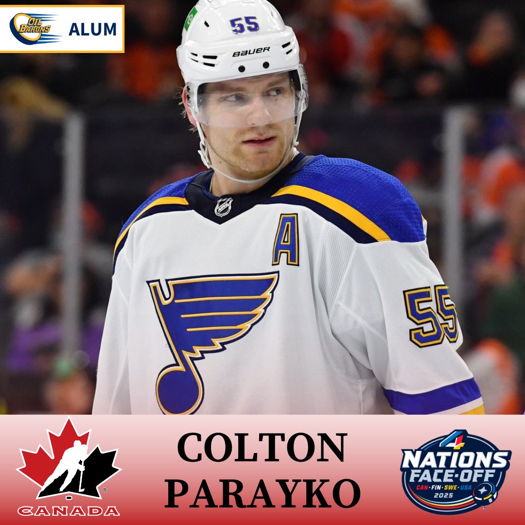 Congratulations to Oil Barons alum Colton Parayko on being named to the Team <a href="/HockeyCanada/">Hockey Canada</a> roster for the upcoming 4 Nations Face-off 🇨🇦 #ymm #ajhl #gomobgo
