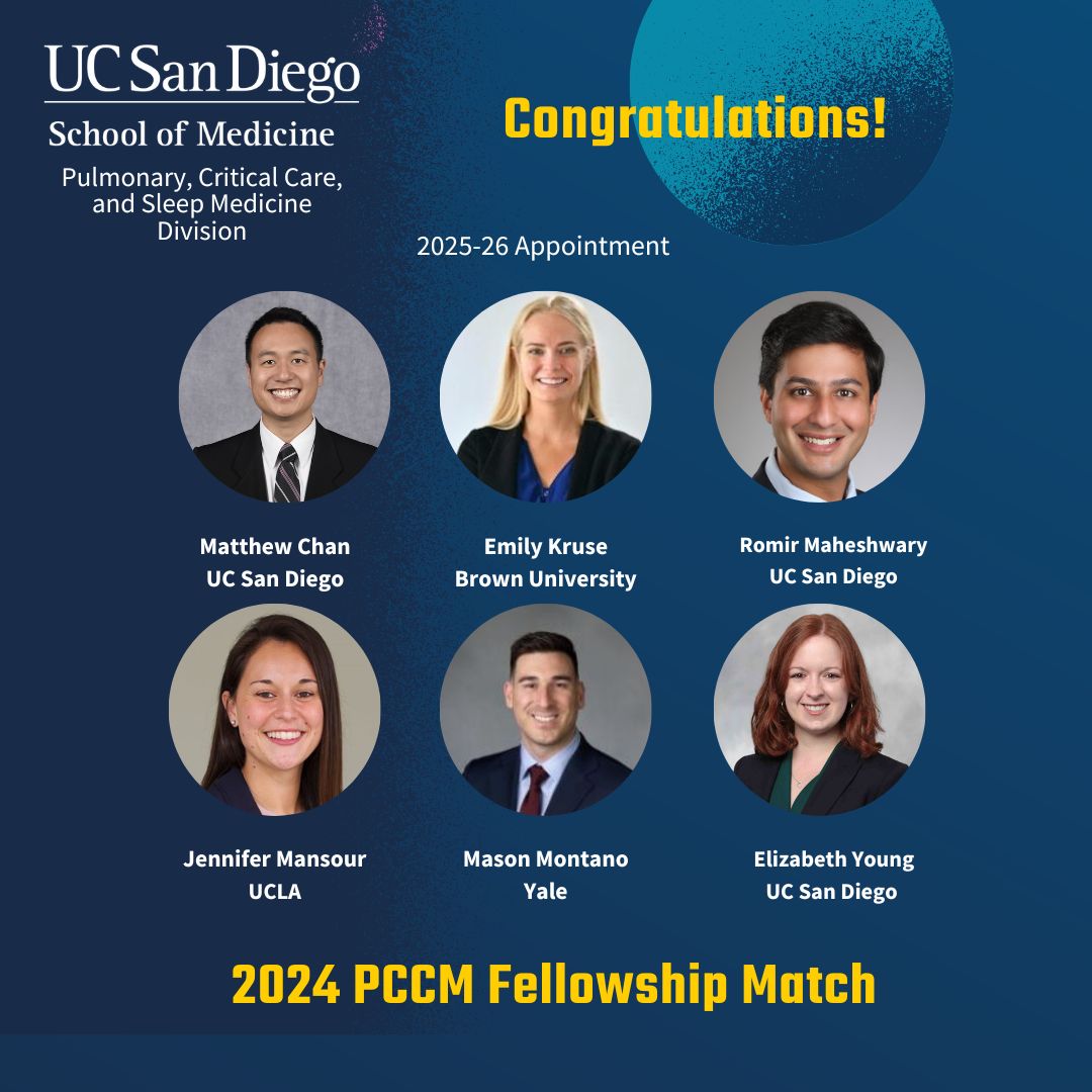 UCSD Pulmonary, Critical Care, Sleep, & Physiology (@ucsdpccm) on Twitter photo It's a match! 🎉 Welcome to the <a href="/ucsdpccm/">UCSD Pulmonary, Critical Care, Sleep, & Physiology</a> family! Our incoming fellows beginning Summer 2025! #fellowship #MatchDay2024 #pccm <a href="/ATSScholar/">ATS Scholar</a> <a href="/accpchest/">CHEST</a> <a href="/APCCMPD/">APCCMPD</a> <a href="/UCSDMedSchool/">UC San Diego School of Medicine</a> <a href="/ucsdim/">UCSD Internal Medicine Residency</a> <a href="/UCSDHealthSci/">UC San Diego Health Sciences</a> It's a match! 🎉 Welcome to the <a href="/ucsdpccm/">UCSD Pulmonary, Critical Care, Sleep, & Physiology</a> family! Our incoming fellows beginning Summer 2025! #fellowship #MatchDay2024 #pccm <a href="/ATSScholar/">ATS Scholar</a> <a href="/accpchest/">CHEST</a> <a href="/APCCMPD/">APCCMPD</a> <a href="/UCSDMedSchool/">UC San Diego School of Medicine</a> <a href="/ucsdim/">UCSD Internal Medicine Residency</a> <a href="/UCSDHealthSci/">UC San Diego Health Sciences</a>