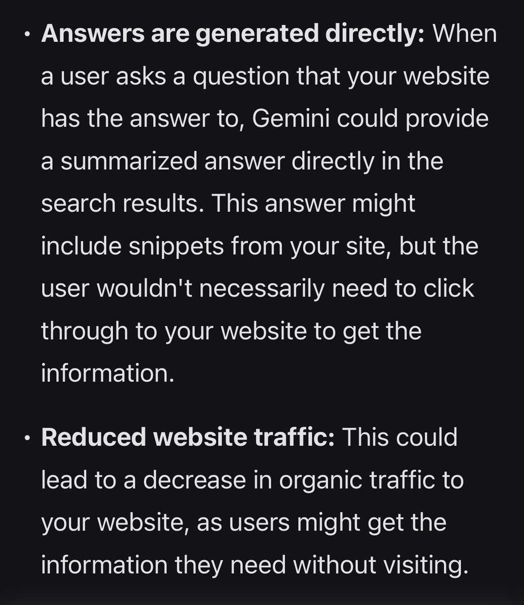 GeoffStephen's tweet photo. I asked Gemini about Gemini taking visitors away from websites while scraping their content. 

Adapt to survive.. it’s always a moving target. https://t.co/9JedjXTVgx