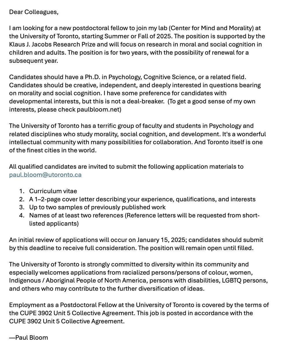 Moral psychology postdoc opportunity at the University of Toronto! Please re-post, and pass on to anyone you think might be interested.