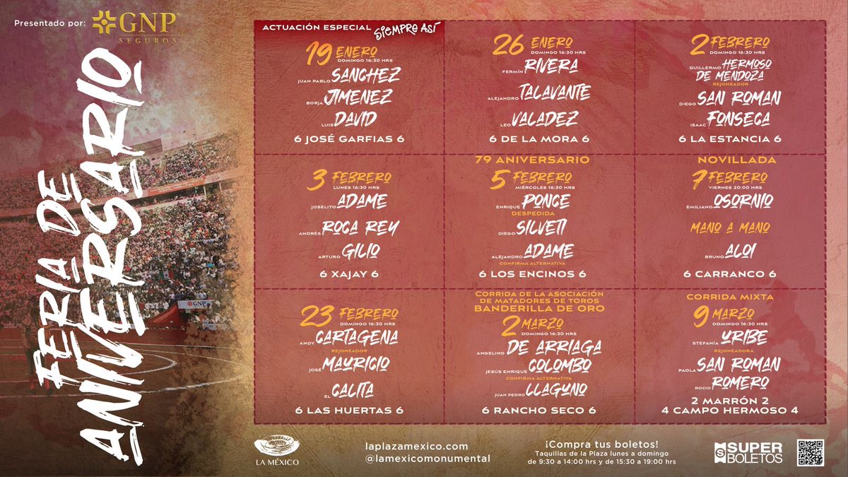 En el marco del 79° Aniversario de <a href="/LaPlazaMexico/">La Plaza Mexico</a> , la empresa ha preparado 9 Festejos con la participación de figuras de talla internacional. donde destaca una tarde histórica el próximo 5 de febrero con la despedida de los ruedos de Enrique Ponce <a href="/EPonceOficial/">Enrique Ponce</a> 
<a href="/eDeRsOTe/">Eder</a>
