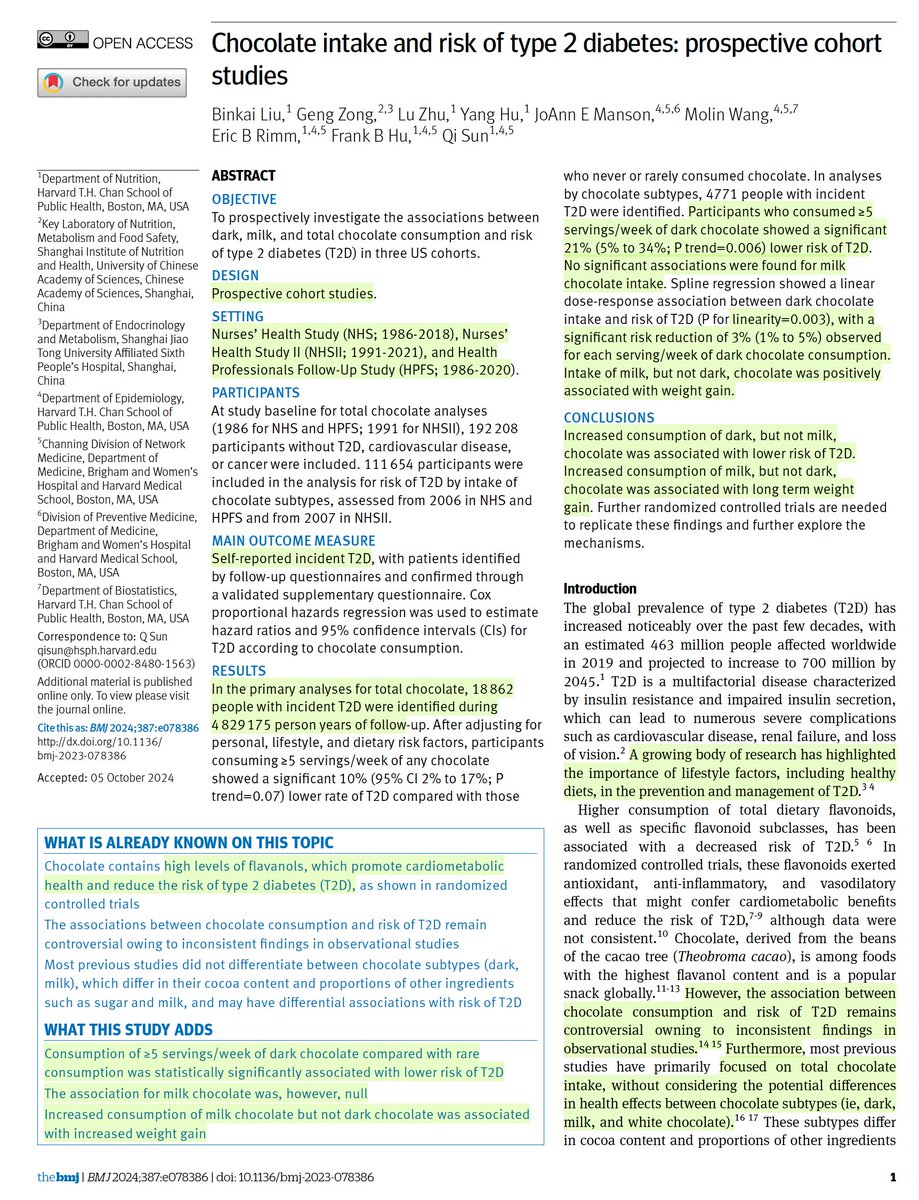 EricTopol's tweet image. If you like dark chocolate, you'll like this finding from today that it reduces the risk of developing Type 2 diabetes (not seen with milk chocolate) 
[in 3 large prospective cohorts, with the usual caveats of epidemiological, observational nutrition studies]🍫🍫