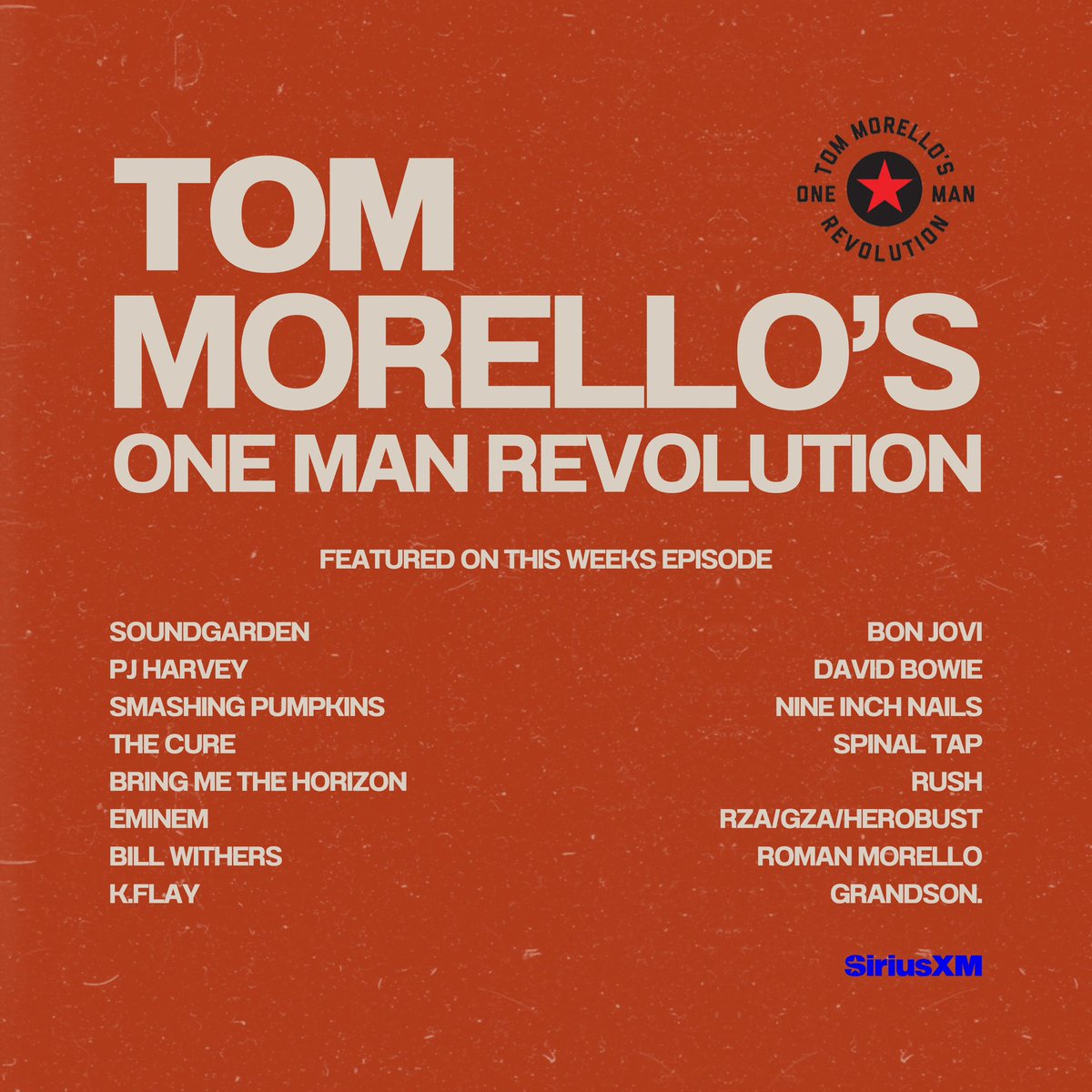 tmorello's tweet image. Tune into my “One Man Revolution” radio show on @SIRIUSXM this week featuring @PJHarveyUK, @SmashingPumpkin, #BillWithers, @thecure, @nineinchnails, #RomanMorello, @grandson, @RZA, @DavidBowieReal, #SpinalTap, and many more.
Listen on the app or link in bio.