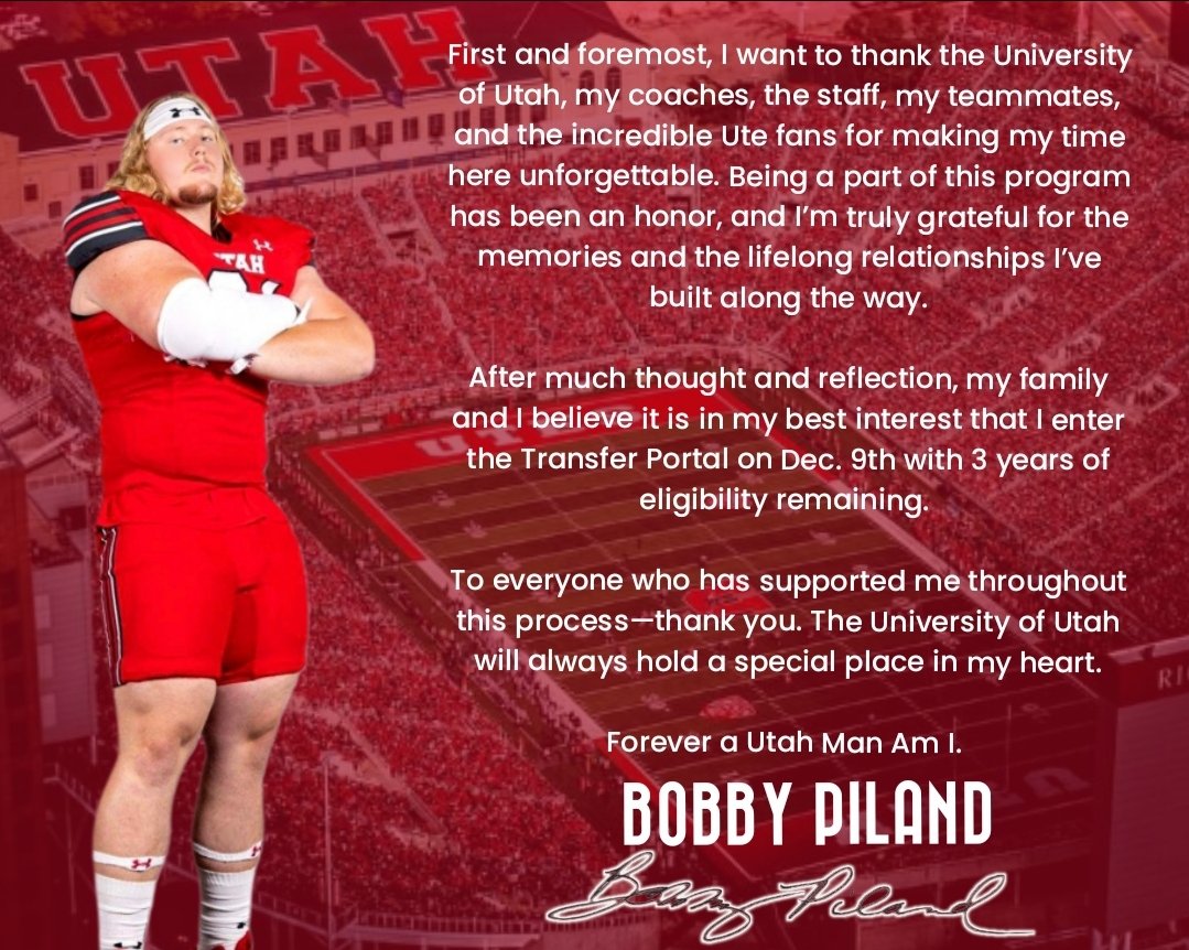 Bobby Piland (@bobbypiland2022) on Twitter photo I will officially be entering the Transfer Portal December 9th with 3 years of eligibility remaining. Thank you <a href="/Utah_Football/">Utah Football</a> for everything. Forever a Utah Man Am I. 🙏🏼 I will officially be entering the Transfer Portal December 9th with 3 years of eligibility remaining. Thank you <a href="/Utah_Football/">Utah Football</a> for everything. Forever a Utah Man Am I. 🙏🏼