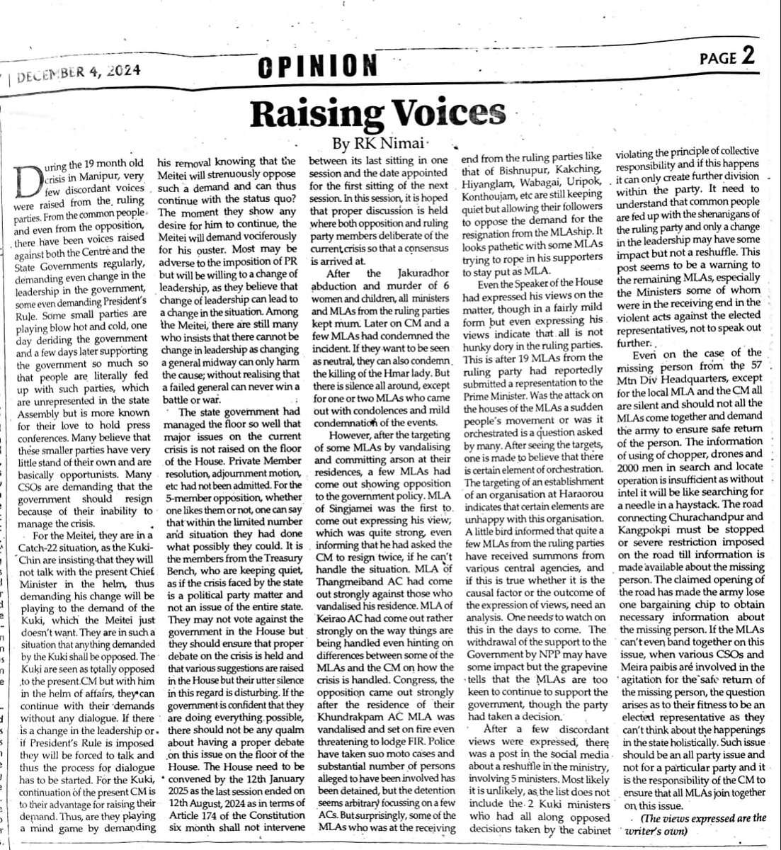 ManipurTimes's tweet photo. Raising Voices
"A failed General can never win a War"
By RK Nimai
#ManipurViolence #PR #ChangeinLeadership #CMRole https://t.co/mmzHmprHyl