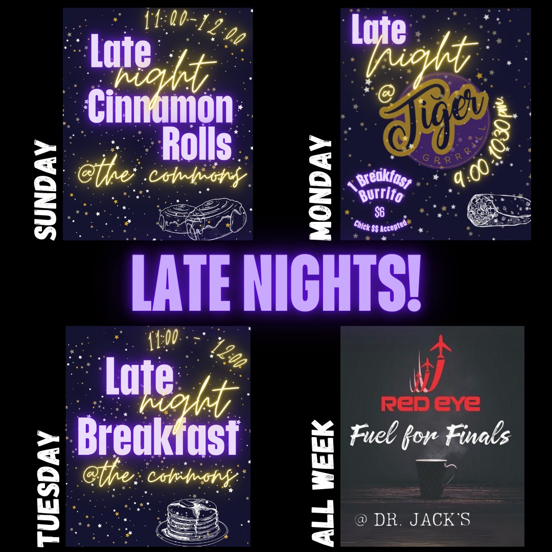 Our annual late nights are coming soon! We are excited to kick off finals week with our classic late night cinnamon rolls this Sunday night. And don't forget, the FIRST person in line will a recieve a special gift!!!