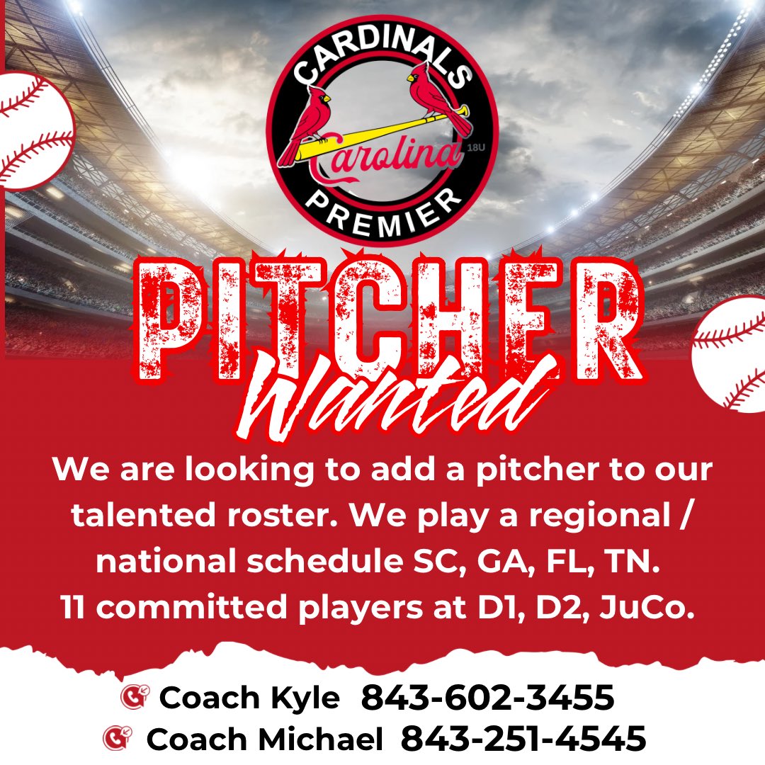 Looking for a 2025-2028 Pitcher committed or uncommitted for our summer roster! Please contact Coach Kyle or Coach Michael.