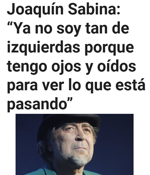 CCivicaCatalana's tweet photo. Joaquín Sabina:

"El comunismo ha fracasado de forma feroz. Y la deriva de la izquierda latinoamericana me rompe el corazón justamente por haber sido tan de izquierdas. Ahora ya no soy tan de izquierdas. Precisamente porque tengo ojos, oídos y cabeza para ver lo que está pasando" https://t.co/mTaypKjd8F