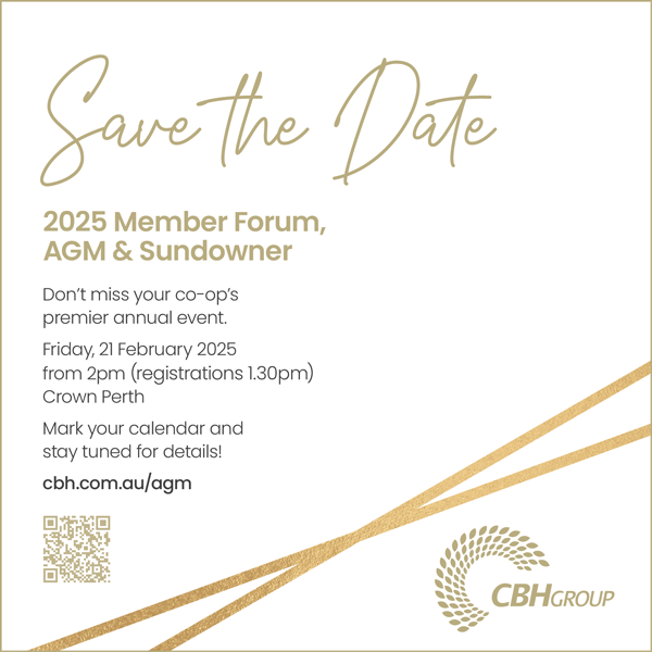 cbhgroup's tweet photo. CBH's premier annual event for 2025 will be at Crown Perth on Friday 21 Feb. Join us for our Member Forum, AGM &amp; Sundowner. Hear from the Board, Executives &amp; CBH team. Mingle with community &amp; industry partners, &amp; catch up with fellow growers. Stay tuned https://t.co/ueTjtV7UZj https://t.co/TgsNzRTS6j