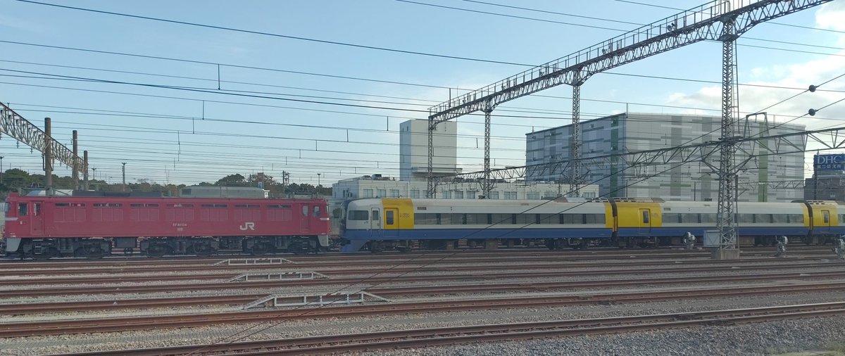 L235SGLA850SGT's tweet photo. E255系廃車回送待機中、牽引車は81-134です。パンタがまだ上がっていないので、いつ出発するかはわかりません。
#E255
#幕張豊砂 https://t.co/CZdakQ2ebz