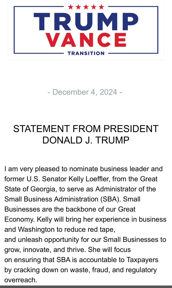 gayletrotter's tweet image. 🚨 
Trump nominates Kelly Loeffler to serve as Director of SBA 
#TrumpVance
#TrumpTransition