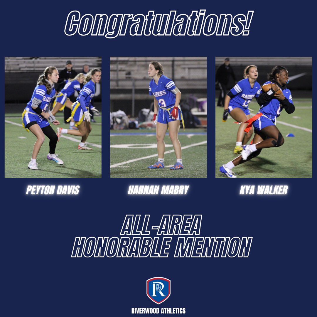 Congratulations to these Raider Flag Football players who were selected for the All-Area Team!

🔹Honorable Mention
Peyton Davis
Hannah Mabry
Kya Walker

<a href="/Peyton_Davis_5/">Peyton Davis</a> <a href="/RicsFlagFB/">RICSFlagFootball</a>