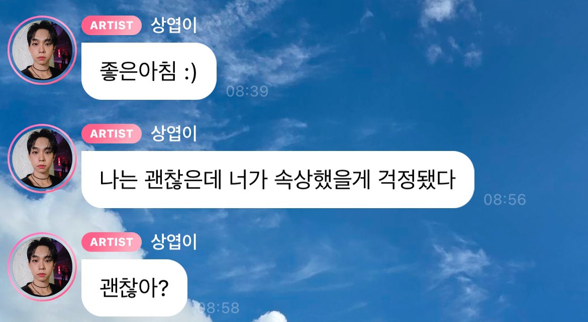 아침인사로 우리 속상하냐고 묻는거 너무 슬프다.. 자기가 더 힘들텐데 그 와중에도 팬들 챙기고 있는거잖아..