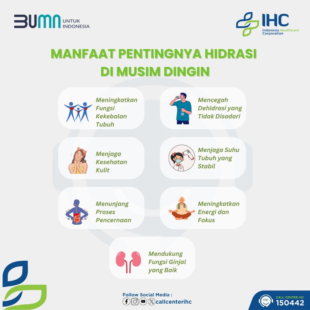 callcenterihc's tweet photo. Hidrasi yang cukup tetap penting di musim dingin, meskipun cuaca dingin sering kali membuat kita merasa kurang haus. Meskipun terasa lebih jarang haus, penting untuk tetap minum air secara teratur di musim dingin

#BUMNuntukIndonesia
#PertamedikaIHC
#CallCenterIHC https://t.co/kHKuaV6VAn