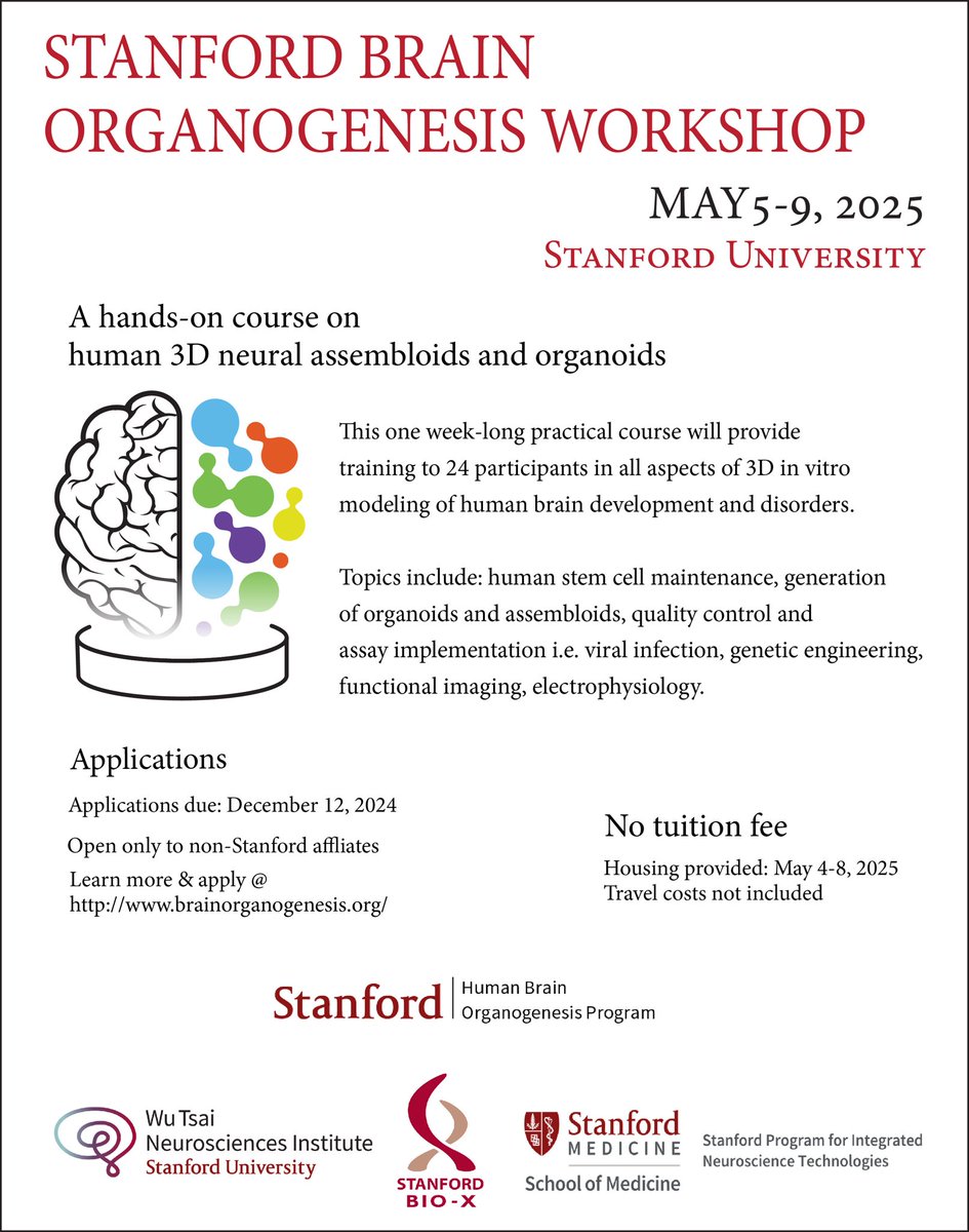 Deadline approaching fast for our free, hands-on workshop on human stem cell models. Open to trainees from around the world. 

This year with a special focus on assays and #assembloids for disease modeling. Join us here on the beautiful <a href="/Stanford/">Stanford University</a> campus 

Course organized by the