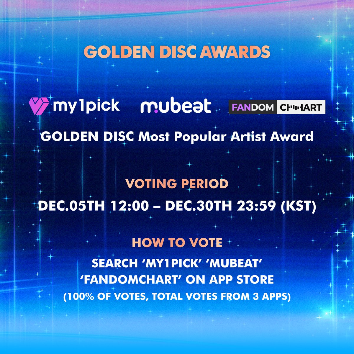 Voting for the Golden Disc #MostPopularArtistAward is open!

🗓DEC.05TH 12:00 ~ DEC.30TH 23:59 (KST)
🗳Search ‘my1pick’ ‘Mubeat’ ‘FANDOMCHART’ on APP Store
*100% of votes, TOTAL votes FROM 3 APPS

#골든디스크어워즈 #GoldenDiscAwards #골든디스크 #Goldendisc #GDA #인기상투표 #VOTE