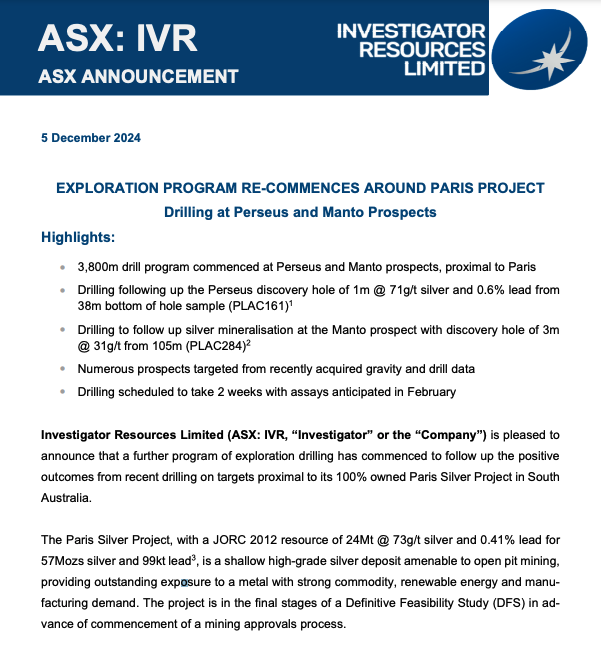 Investigator Resources is pleased to announce that a further program of #exploration #drilling has commenced to follow up the positive outcomes from recent drilling on targets proximal to its 100% owned Paris #Silver Project in South Australia.
#ASX🔗bit.ly/3OCZ3MZ
$IVR