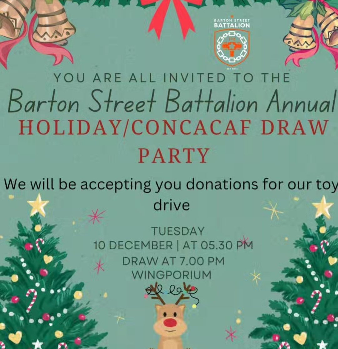 <a href="/BartonBattalion/">Barton St. Battalion</a> Holiday Party/CONCACAF Champions Cup draw at Wingporium on Tues., Dec. 10 5:30 PM

Toy Drive accepting new toys to be donated to <a href="/CityKidz/">CityKidz</a> to help children living in poverty have a special holiday season. <a href="/ForgeFCHamilton/">Forge FC</a> <a href="/CPLsoccer/">Canadian Premier League</a> <a href="/FTSSPod/">From the Supporter’s Section Podcast</a> <a href="/footy_prime/">Footy Prime The Podcast & more</a>