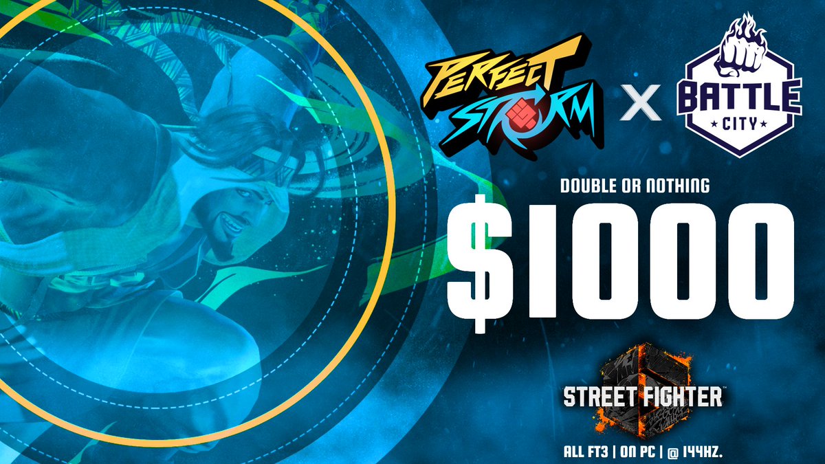 PerfectStormFGC's tweet image. "Prepare for Turbulence!" 

@BattleCityFGC's making an effort to make sure Street Fighters have lots of reasons to pull up in February, DOUBLING the pot!

With 1000$+ up for grabs, it's going to be a bumpy ride! Shake things up &amp;amp; sign up today @ start.gg/perfectstorm #SF6 #FGC