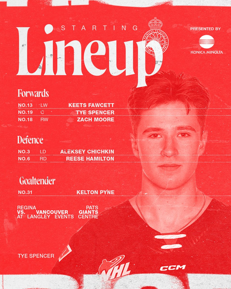 WHLPats's tweet photo. 🚨 STARTING LINEUP🚨
Tune In:
📻 @620ckrm
💻 WHL Live
🤝 Konica Minolta Canada
#ReginaPatsHockey #SeeThemRise #whl #REGvsVAN https://t.co/yzRLMRLO9i