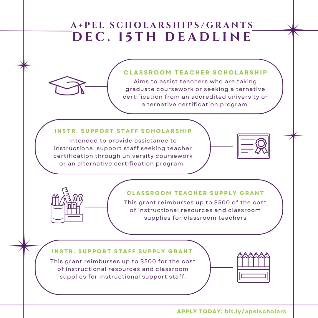 Calling all Louisiana teachers + instructional staff! Apply NOW for A+PEL's scholarships and grants! You could receive up to $500 💰🎉

📆 Deadline: December 15th
💻 bit.ly/apelscholars

#scholarship #teachergrant #louisianaeducators