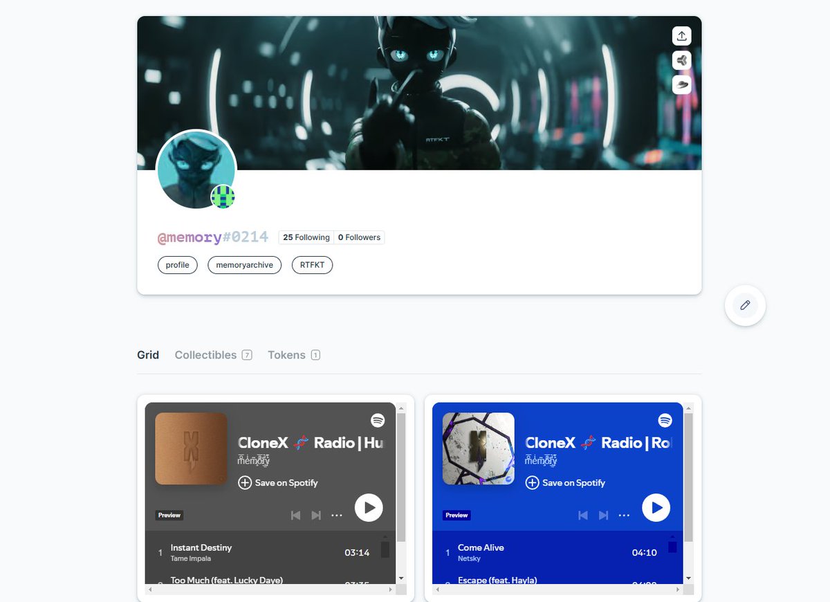 And while I got all you <a href="/lukso_io/">LUKSO</a> nerds in here, starting to build out my Universal Profile Grid. Right now its just all the Spotify playlists I made for <a href="/RTFKT/">RTFKT</a> DNAs, but expect more soon. I want to follow all you guys! Send me your profile, lets connect!

profile.link/memory@0214
