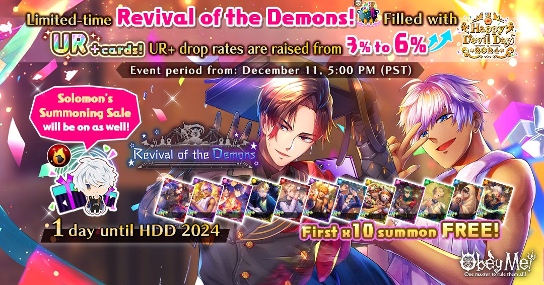 ObeyMeOriginal's tweet image. ＼1 day until HDD 2024／
Get ready for a limited-time Revival of the Demons 🎉 We&apos;ve filled it full of UR + cards! In addition to a free first x10 summon, UR+ drop rates have been raised from 3% to 6% 🆙💗 Don&apos;t miss this chance!

#HDD2024 #Obeyme #obeymemasters #obeymejp #SWD