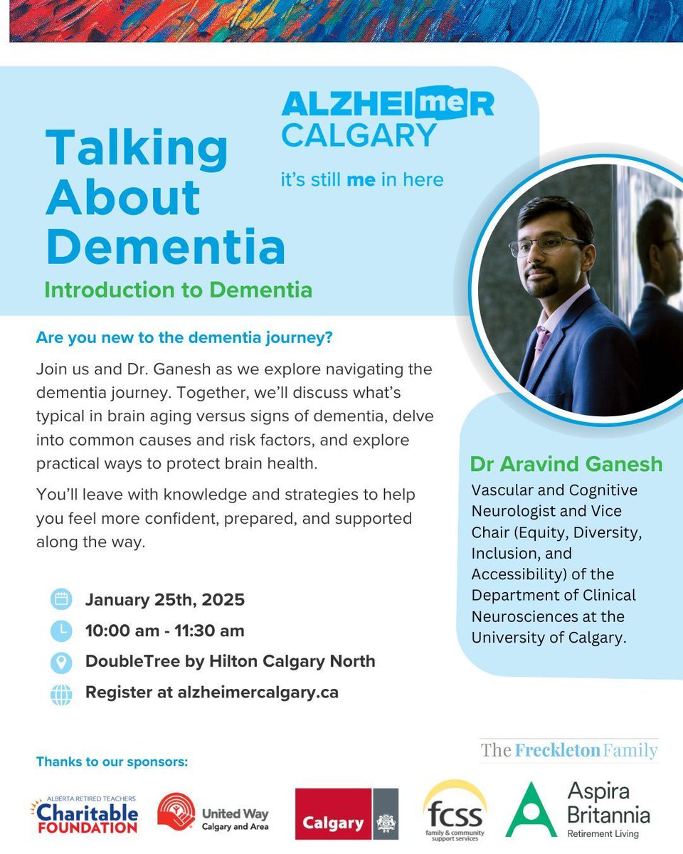 Dementia Network YYC (@dementiacalgary) on Twitter photo It's back and it's FREE <a href="/alzcalgary/">Alzheimer Calgary</a> Talking about Dementia event with Dr. Ganesh!
Ideal for those want an introduction to dementia. Register today: buff.ly/499VSpc
#alzyyc #dementiaawareness #alzheimersupports #alzheimerscalgary #alzheimers #dementia #knowdementia It's back and it's FREE <a href="/alzcalgary/">Alzheimer Calgary</a> Talking about Dementia event with Dr. Ganesh!
Ideal for those want an introduction to dementia. Register today: buff.ly/499VSpc
#alzyyc #dementiaawareness #alzheimersupports #alzheimerscalgary #alzheimers #dementia #knowdementia