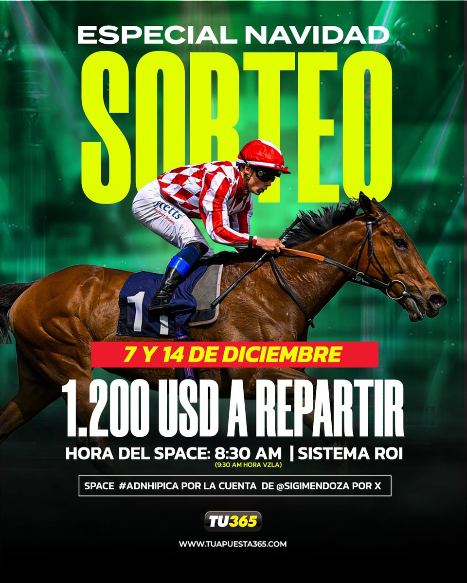 ‼️Cumpliendo con ustedes‼️

Tendremos el súper torneo navideño de <a href="/tu365oficial/">Tu Apuesta 365</a>  para todos los seguidores de ADN HIPICA

Condiciones para jugar: 

1. RT al space que estoy citando y a esta publicación. 
2. Etiquetar 3 amigos ( reales ) 
3. Seguir a <a href="/tu365oficial/">Tu Apuesta 365</a> 

ADNGALOPANDO