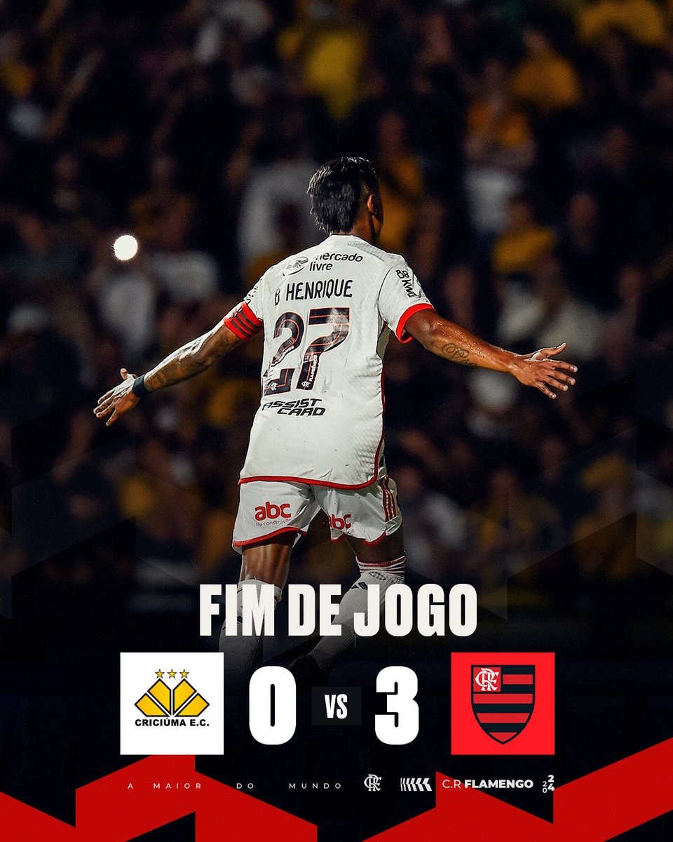 Flamengo's tweet photo. FIMMMM DE JOGO! O Mengão vence o Criciúma, fora de casa, por 3 a 0 com gols de Varela, Bruno Henrique e Luiz Araújo! 

#CRF #VamosFlamengo https://t.co/H95Bd10ZXa