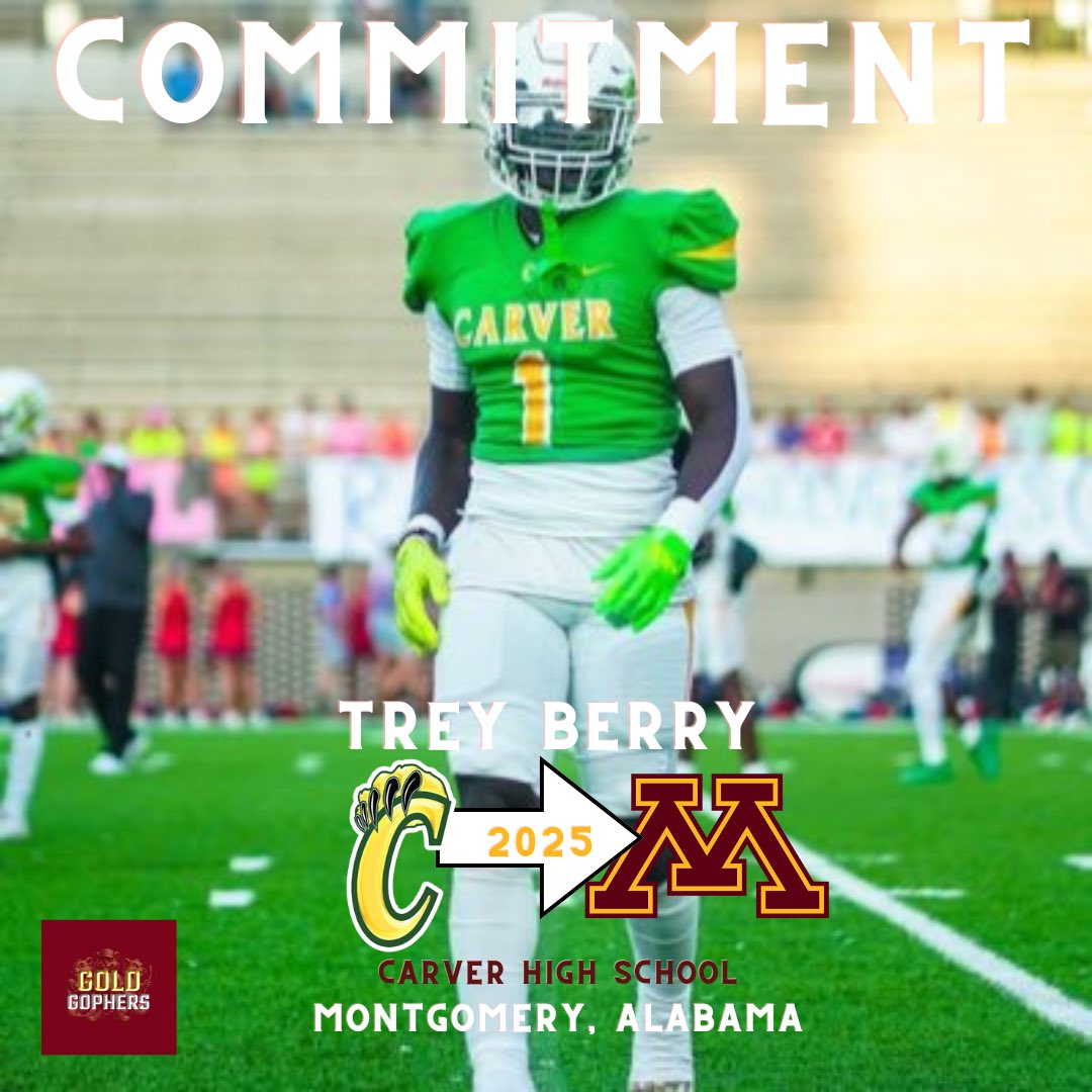 TonyLiebert's tweet photo. BREAKING: 2025 (Montgomery, Ala.) RB Trey Berry (@Trey_berry21) has signed with the #Gophers 

5-foot-11, 205 pounds and held top offers from Boston College, Syracuse and Northwestern. He fills a serious need at RB. https://t.co/3xGExuVND2 https://t.co/RRDn0L2Kob