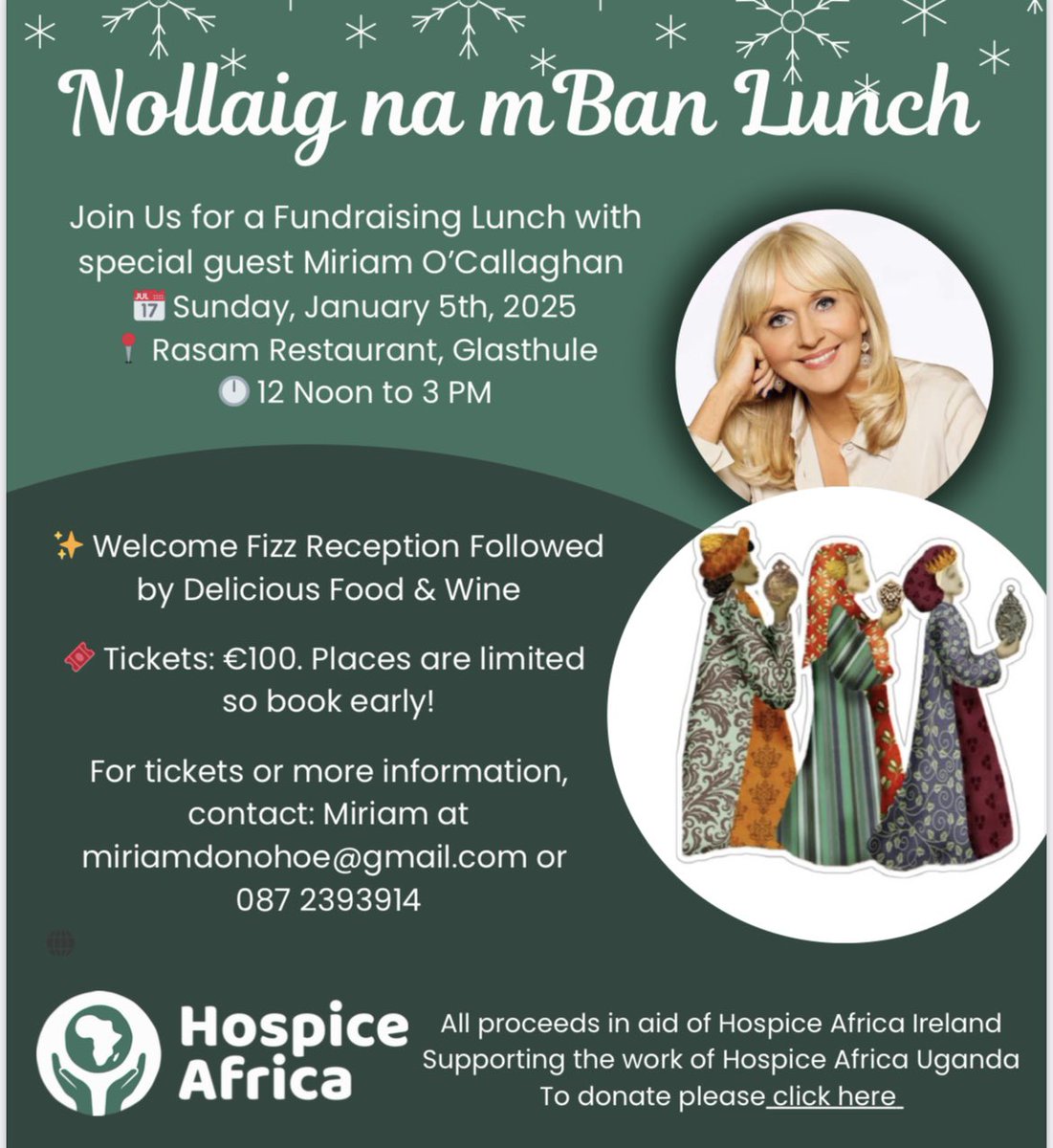 Don’t miss this special Nollaig na mBan lunch on Jan 5 in aid of <a href="/HospiceAfricaUg/">Hospice Africa Ug</a> where I’ll be volunteering for a year from Jan. Special guest is the wonderful <a href="/MiriamOCal/">Miriam O'Callaghan</a> Instead of asking the questions Miriam will be answering mine! Booking details below. #MiriamMeetsMiriam