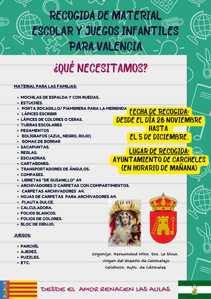#SOLIDARIDAD| Nos sumamos a la iniciativa promovida por Hermandad De La Virgen Del Rosario De Carchelejo para la recogida de material para las familias del CEIP Usias Marcha y Colegio la Inmaculada de Paiporta.

🟢 Del 28 de Noviembre al 5 de diciembre