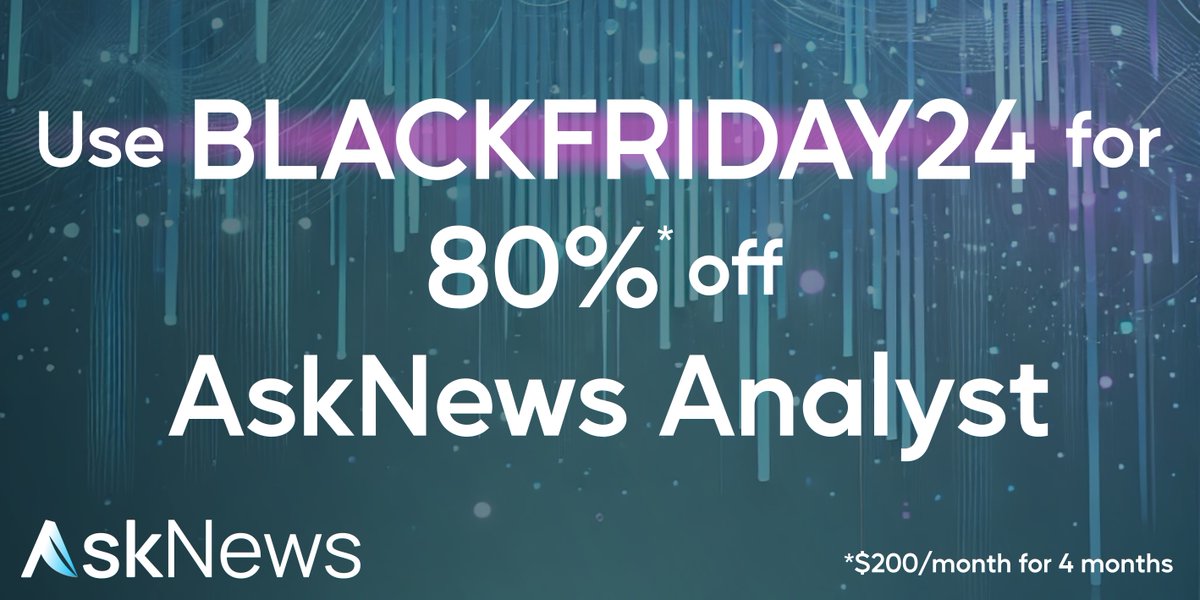 AskNewsApp's tweet image. Looking for highly enriched news analytics? Perfect timing.
my.asknews.app/en/plans
#NewsAPI #Analytics #businessintelligence #OSINT #NEWSINFO #BlackFriday #asknews #analyst