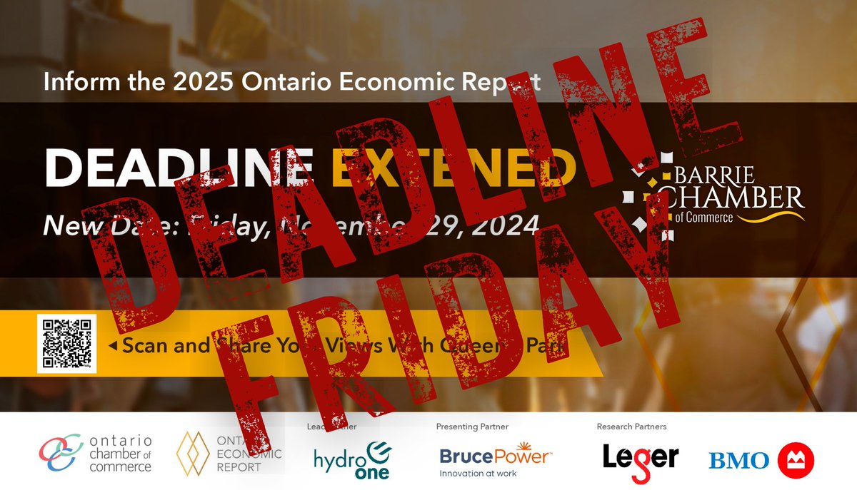 BarrieChamber's tweet photo. Help shape Ontario's economic future! Complete the 2025 Ontario Economic Report Survey by Nov 29.
Your voice drives policies for Barrie businesses. Let’s stand out! 💪
🔗 https://t.co/BoH9Vznnx0
#BarrieChamber #ichooselocal #OER2025 https://t.co/WxhMrb4oDC