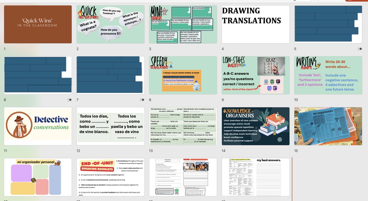 After the webinar <a href="/tonywestonmfl/">Tony Weston</a> and I did for <a href="/OUPSecondary/">Oxford Secondary</a> on 'how to boost engagement in the new GCSE classroom', I've uploaded this ppt with the 'quick wins' section, with templates to make your own 'drawing translations' or 'detective conversations'.
t.ly/TQjEB