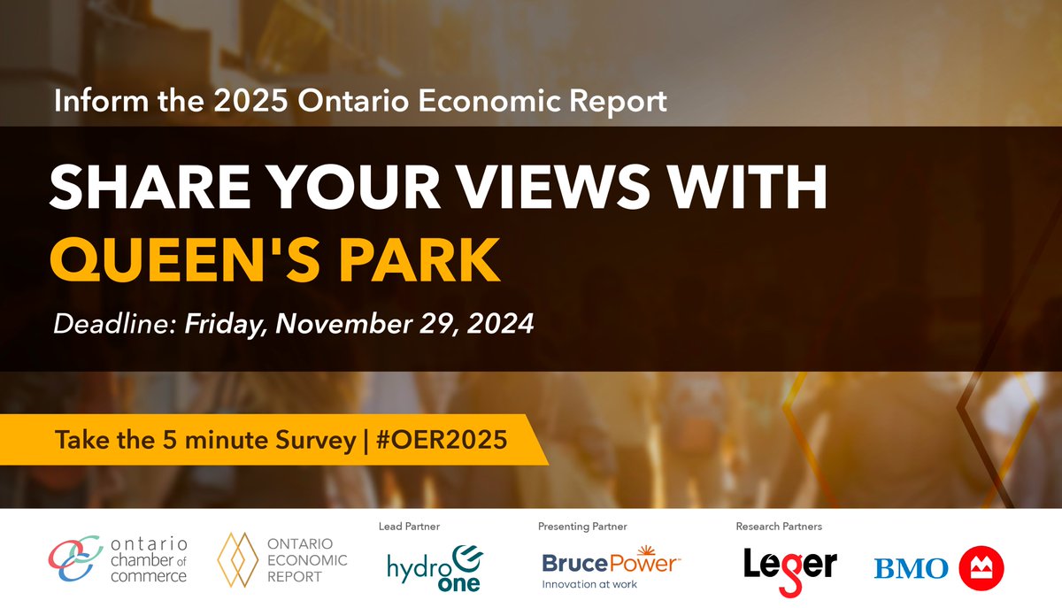 Ontario Chamber (@ontariocofc) on Twitter photo This Friday is the deadline to share your experiences and opinion on what matters most to your business! ⌚
Take the <a href="/OntarioCofC/">Ontario Chamber</a>'s 5-minute survey on business confidence to highlight the issues that matter most. 👉 tinyurl.com/OCC-OER25
#OER2025 #ONBiz This Friday is the deadline to share your experiences and opinion on what matters most to your business! ⌚
Take the <a href="/OntarioCofC/">Ontario Chamber</a>'s 5-minute survey on business confidence to highlight the issues that matter most. 👉 tinyurl.com/OCC-OER25
#OER2025 #ONBiz