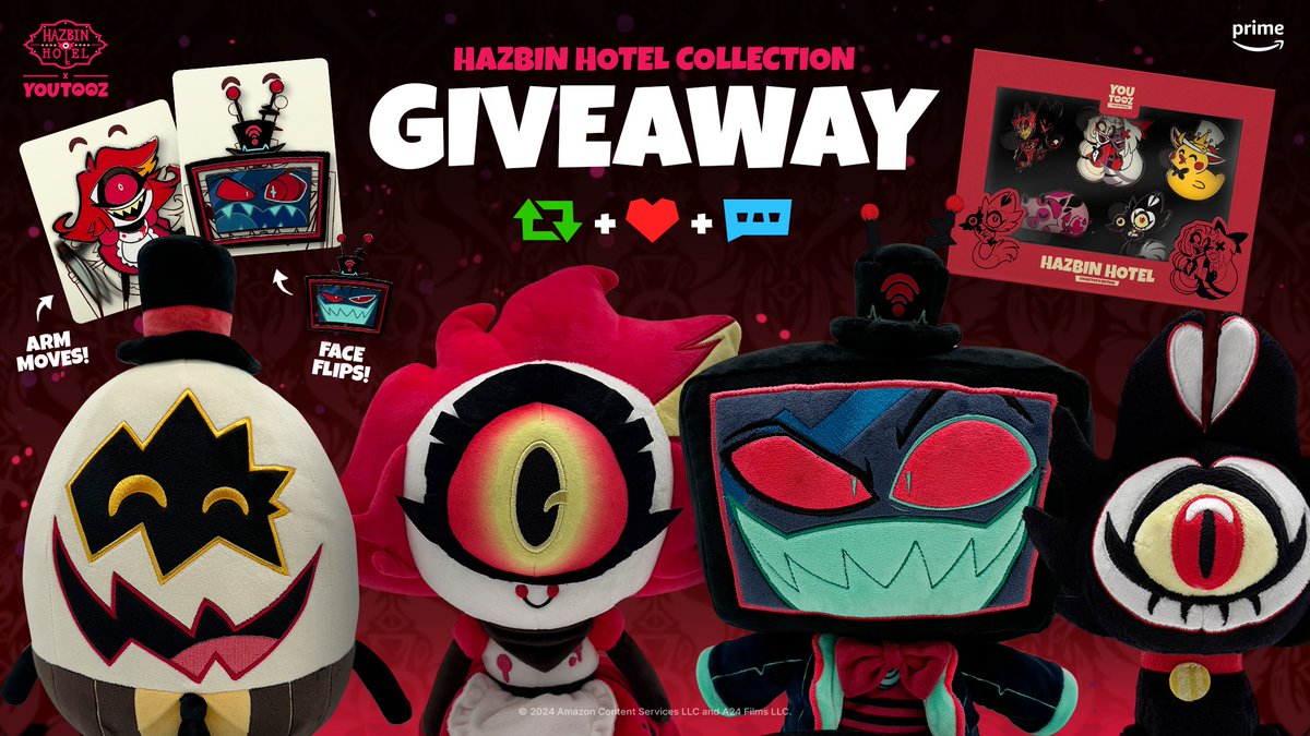 feeling generous today so its #hazbinhotel giveaway time🛎️ 

to win the full set of plushies &amp; pins dropping friday 👉 retweet &amp; like this post then comment HAZBINTOOZ🥚no limit on entries! 

3 winners announced friday ⏰ goodluck mortals!