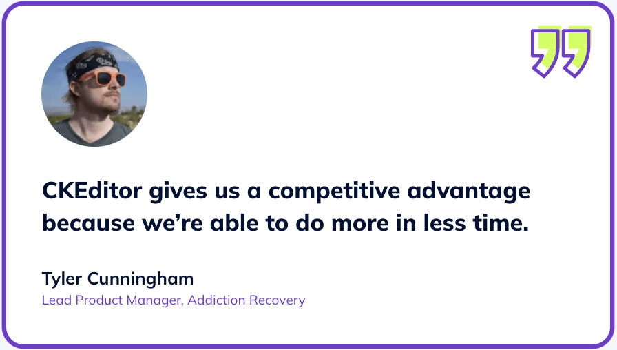 ckeditor's tweet image. Struggling to manage a growing content team? Discover how Addiction Recovery, a content company for recovery centers, used #CKEditor 5 to help them work faster and acquire more clients. bit.ly/3XL3eeS

#wysiwyg #richtexteditor #contentcreation #cms